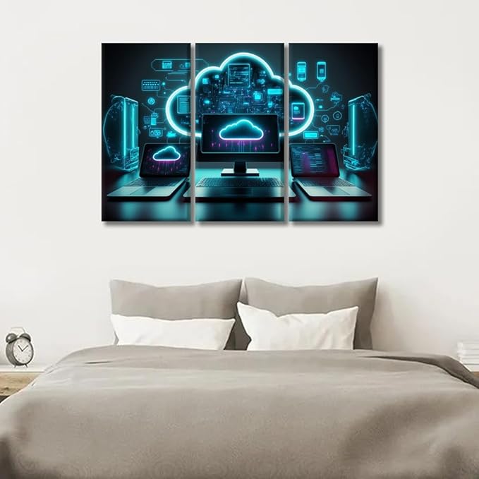 LSIUHWUWI 3 Panel Wall Paintings for Living Room Modern Cloud Technologies Neon Colors Cyber Space Picture Prints on Canvas for Home Office Wall Decorations, 20x40inchx3
