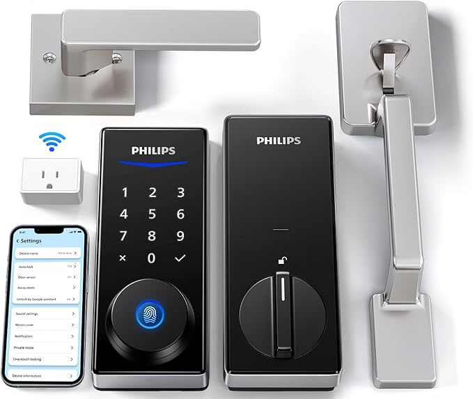 Philips Wi-Fi Smart Lock with Handle, Keyless Entry Keypad Door Lock with Handle, Front Door Deadbolt Set with WiFi Gateway, App Control, Fingerprint Unlock, PIN Code Unlock, Auto Locking