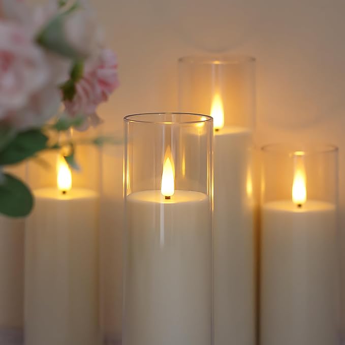 Acrylic Flameless Flickering Candles with Remote Control and Timer, Battery Operated LED Fake 2.2" x 5",6",7",8",8" Plastic Pillar Candles for Home Decor(Long-Lasting, Ivory)