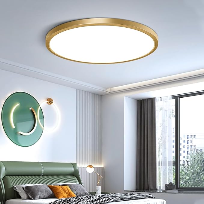 12 Inch Gold LED Ceiling Light, 6000K Cold White, 24W Gold Flush Mount Ceiling Light, 3200LM Round Flat Ceiling Lights for Bedroom, Living Room, Dining Room, Stairwells