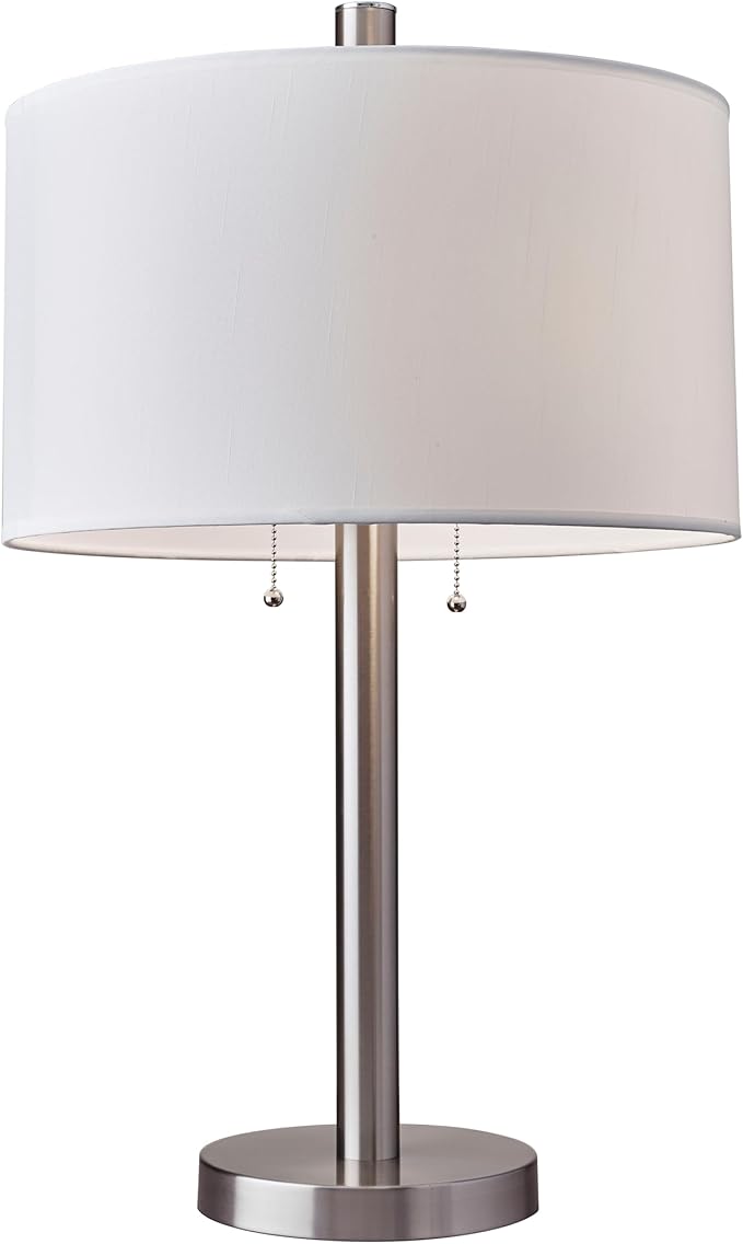 Adesso Brushed Steel Table Lamp with White Fabric Shade – Dual Socket Pull Chain Accent Light for Bedroom, Living Room, or Home Office, 28” Tall