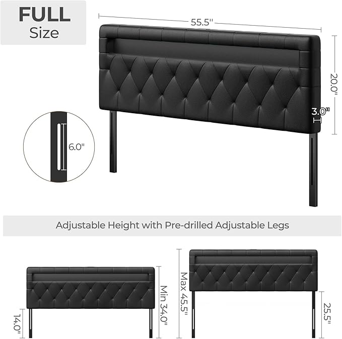 GREENSTELL Headboard for Full Size Bed with 60,000 DIY Color of LED Light, USB & Type C Post, Attach Frame, Height Adjustable, Black Wall Mounted Head Boards Only, Sturdy & Stable, Comfortable, Full