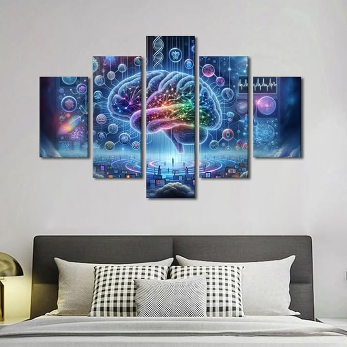 5 Panel Digital Brain in Colour Background Painting Artwork Neural Network Pictures for Living Room Wall Decoration Artificial Intelligence Canvas Printing Wall Art Wall Decor for Bedroom 60"Wx40"H