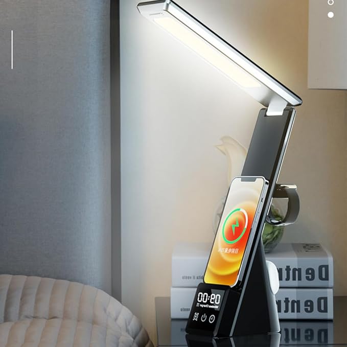 IHAO 6in1 Multifunctional Foldable LED Desk Lamp with Wireless Charger Digital Alarm Clock Eye-Care Lighting 3 Color Modes 15W Qi Charger for Phone/Headphones, Apple Watch Compatible-Black