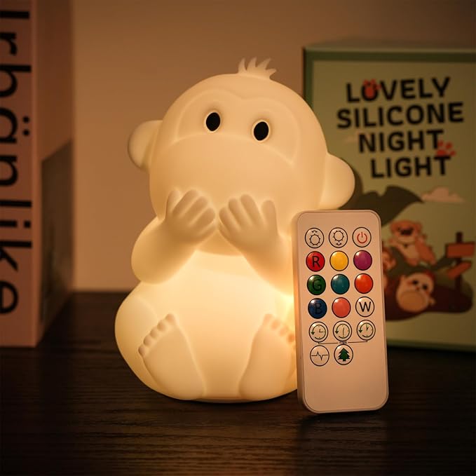 Monkey Night Light for Kids, Remote & Tap Control, Color Change, 15/30/60 Min Timer, Dimmble, USB-C Rechargeable Squishy Night Light, Cute Night Lamp for Boys, Girls (Monkey)