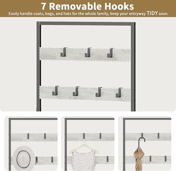 Hall Tree with Shoe Storage Bench - Entryway Bench with Coat Rack and Hooks - 3-in-1 Small Hall Tree for Entry Way, Entrance, Hallway, Doorway, Front Door, Mudroom, Small Space - Greige