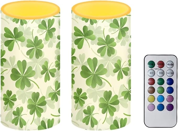 St Patricks Day Candles Battery Operated Flameless Candles with Remote Fall Decorations LED Fake Candles for Home Bedroom Irish Lucky Day Leaves Table Decor 3 inch Set of 2