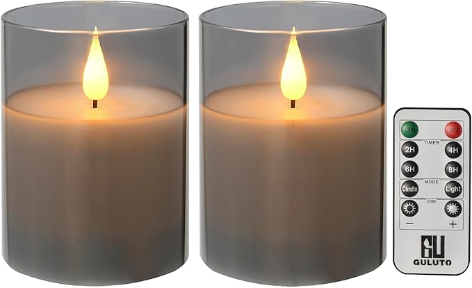 Glass Battery Operated LED Flameless Candles, Set of 2, D 3" x H 6", Real Wax Pillar Flickering Candles with Remote and Timer, Electronic Candle with 3D Wick for Festival Home Party Decor Grey