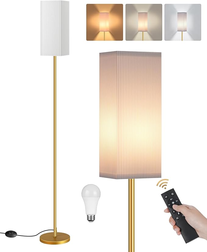 64.2” Dimmable Floor Lamp for Living Room with Remote and Foot Switch, Corner Floor Lamp for Bedroom, Includes 10W A19 Bulb, Modern Standing Tall Lamp, ETL Listed, White and Gold DCW17LD05