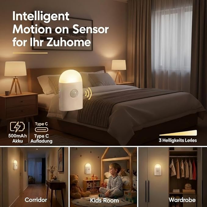 Motion Sensor LED Night Lights Warm White with Adjustable Brightness Rechargeable Battery, with Hook and Stick-On for Cabinet, Wardrobe,Closet,Hallway, Stairs (1 Pack)