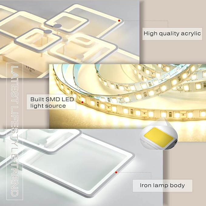 Modern LED Ceiling Light,41.7in White Modern LED Ceiling Light Dimmable for Living Room,8 Square Frame Acrylic with Remote Ceiling Lamps for Kitchen Bedroom Dining Room