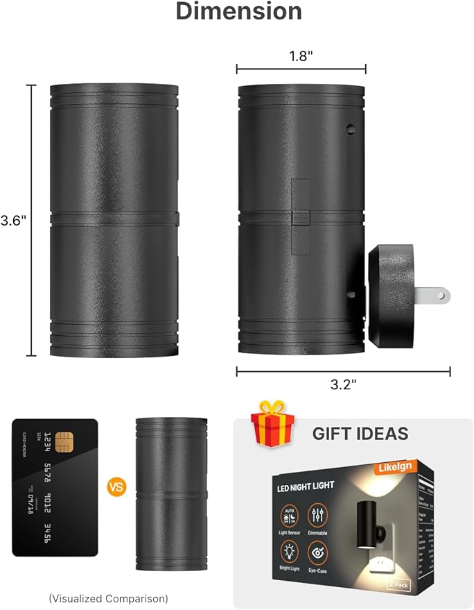 Night Light Plug into Wall, 2 Pack Dimmable LED Nightlight with Dusk to Dawn Sensor, Soft White Glow, for Hallway, Bathroom, Bedroom, Black
