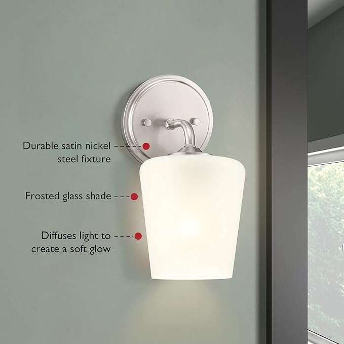 Design House 589283 Stasia Wall Light Sconce with Frosted Glass Tapered Shade for Bathroom Bedroom Entryway, Satin Nickel