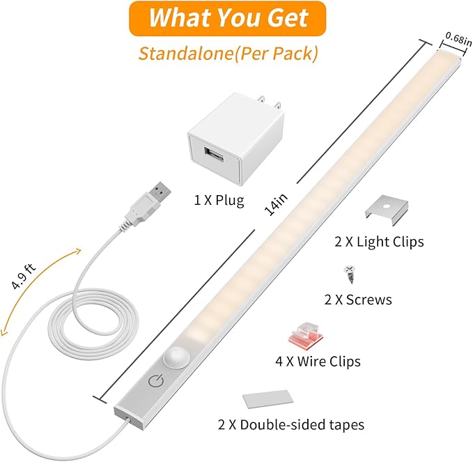 14" Slim USB Plug-in LED Motion Sensor Light Indoor, Bright & Dimmable Under Cabinet Light - 3 Modes (ON/Night/Day) for Kitchen, Cabinet, Closet - 3000K Warm White, 2 Pack (Standalone)