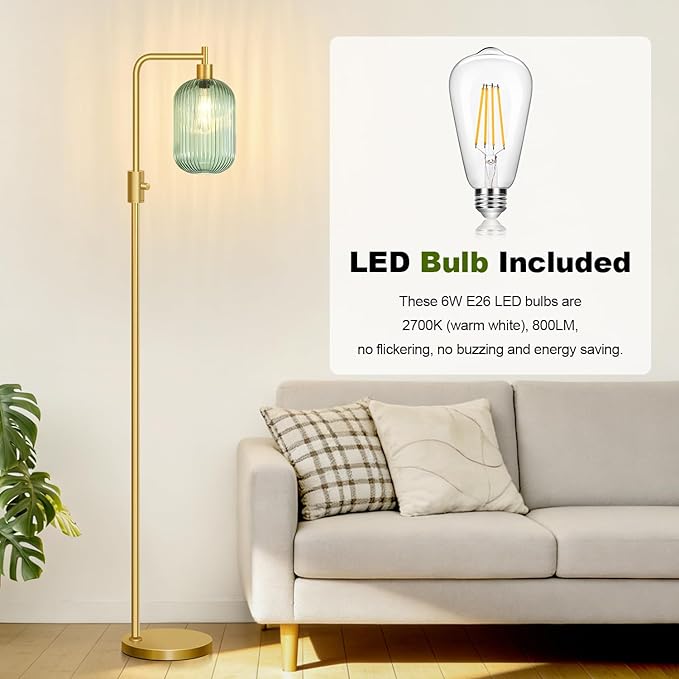 【Upgraded】 Dimmable Glass Floor Lamp for Living Room, Modern Gold Standing Lamp with Green Ribbed Glass Lampshade & Knob Dimmer, Arc Tall Lamp for Bedroom Office Reading Room, 2700K Led Bulb Included