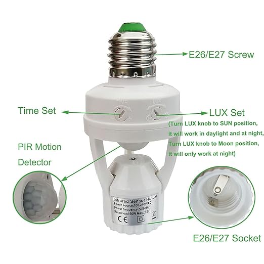 PIR Motion Sensor Light Socket,E26/E27 Smart Lamp Bulb Holder Adapter Auto On/Off Light Control Suitable for Garage Basement Porch Storage Room Indoor Use Only
