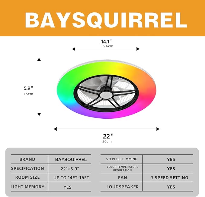 BAYSQUIRREL Alexa WiFi Low Profile Ceiling Fan with Light Flush Mount Enclosed Ceiling Fan 22" LED Dimmable Bladeless Ceiling Fans with Google Assistant/App Control,6 Speed Dimmable LED-RGB Lights