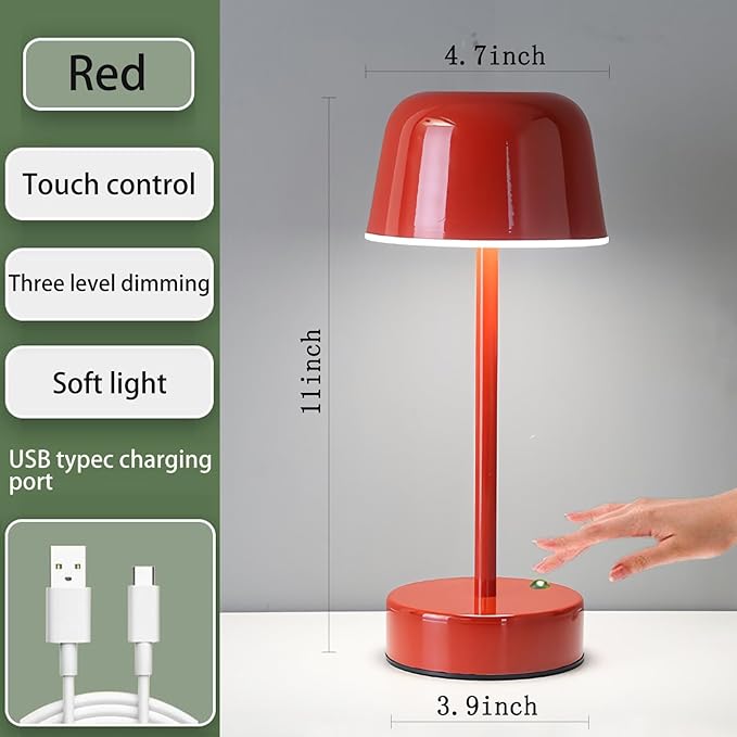 Rechargeable Cordless Mushroom Small Table Lamp with USB Port, Battery Powered Table Lamp Red, Tri Color Dimmable Touch Lamps for Nightstand, Bedroom, Dining Table, Bedside