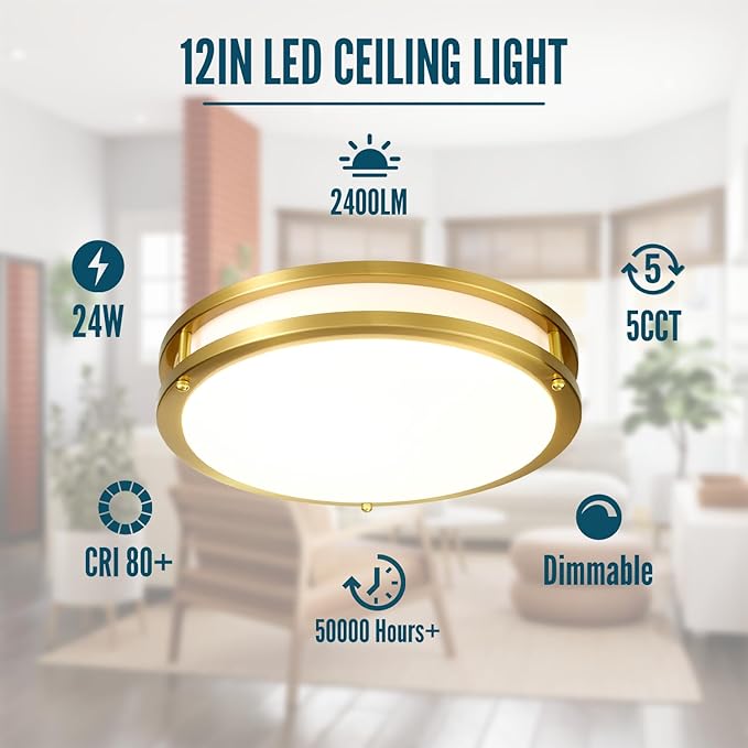 Gold Ceiling Light Fixture 24W, 12 inch LED Flush Mount Ceiling Light for Bedroom, Kitchen, Bathroom, 5CCT Dimmable Close to Ceiling Light Fixture for Hallway 2 Pack…