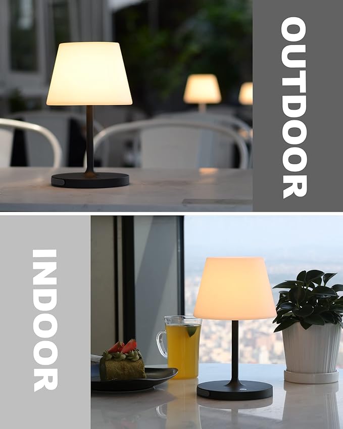 Outdoor Battery Operated Table Lamp Waterproof, 4000mAh Cordless Table Lamp Rechargeable, Touch Dimmable Desk Lamp, LED Night Light for Patio Camping Restaurant Home, H9.6in, Dark Grey