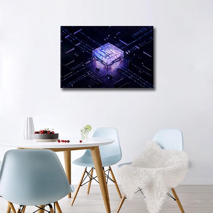 Wall Art for Living Room Futuristic CPU Paintings on Canvas CPU Concept Pictures Modern Artwork Home Decor Computer Chip Posters Prints Framed Stretched Ready to Hang, 24x16in
