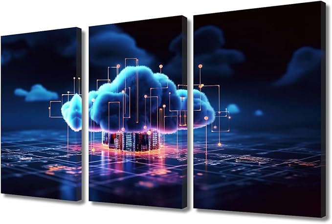 TUMOVO 3 Panel Modern Wall Art Cyber Security and Data Protection Concept Print on Canvas Wall Art for Living Room Bedroom Decoration Cloud Networking Artwork Framed Ready to Hang, 36" Wx24 H