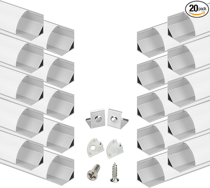 Muzata 20Pack 6.6FT/2M V Shape LED Channel Silver Aluminum LED Strip Diffuser Channel with Milky White Cover Frosted Corner Lighting Easy Installation V1SW WW 2M