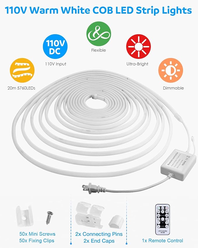 Aclorol 65.6FT AC 110V COB LED Strip Lights Outdoor Waterproof IP67 Dimmable LED Strip Light Warm White 3000K 5760 LEDs Flexible Rope Light with Remote Control for Outdoor Garden Commercial Building