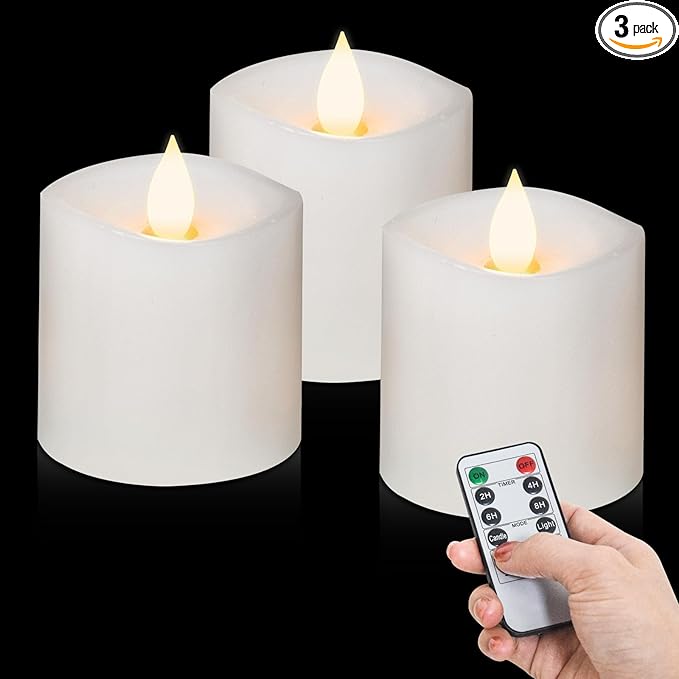 3x3 Flameless Candles Set of 3, LED Battery Candles Flickering, 3 inch Flameless Candles with Remote,Battery Powered Candles,for Wedding Holiday Decorations,White