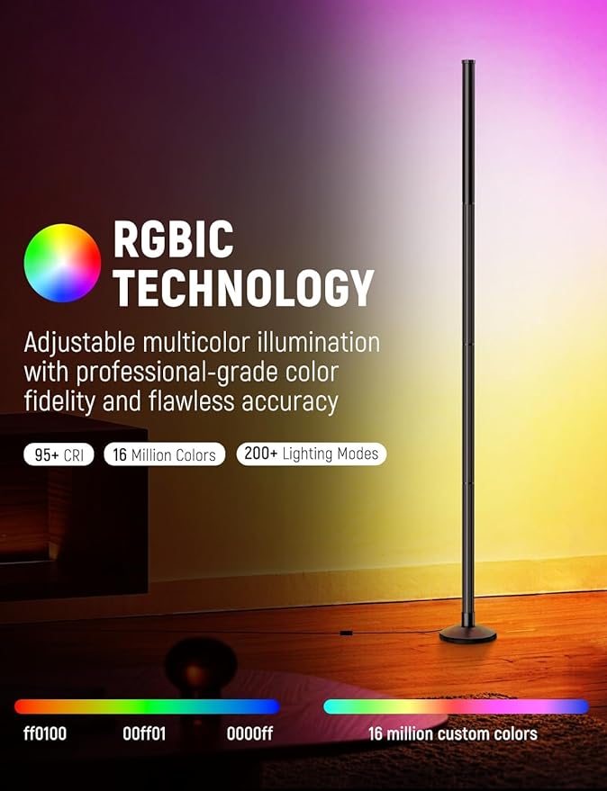 Corner Floor Lamp Smart RGB LED Corner Lamp with Music Sync, App and Remote Control Color Changing Ambience Light, Timing for Living Room, Bedroom, Gaming Room