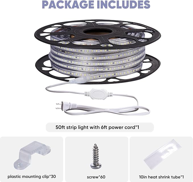 Shine Decor LED Strip Light 50FT 120VAC, Super Bright 6337 Lumens Dimmable, IP65 Waterproof for Outdoor Indoor, 6500K Cool White Every 1.6ft Cuttable Proselect Lighting Strip, 6x10mm ETL Listed