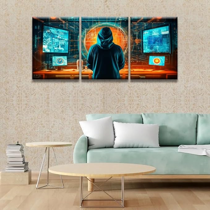 Bedroom Wall Decor 3 Panel Anonymous Hacker Standing in Server Room Print on Canvas for Living Room Bedrooms Wall Decorations, Wooden Framed Gallery-Wrapped Ready to Hang 12x16inchx3