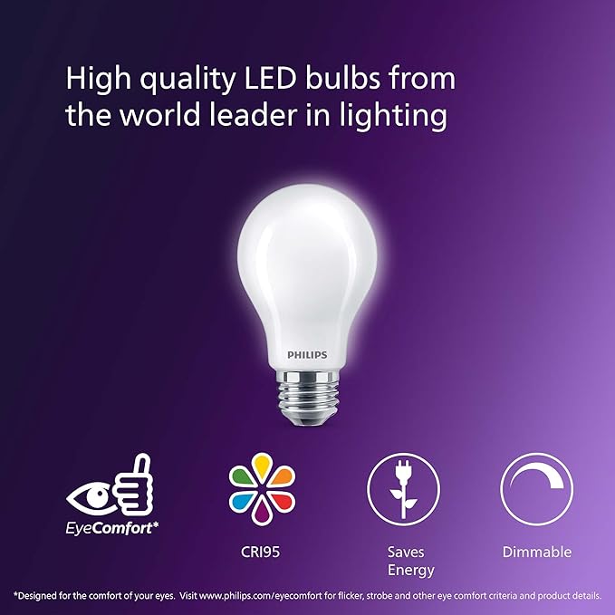 PHILIPS LED 60W A19 4-Pack Ultra Definition Daylight (5000K) 800 Lumen (8W = 60W) Dimmable Frosted Flicker-Free Light Bulbs