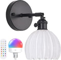 Vintage Battery Operated Wall Sconce with White Tulip Glass Lampshade Rechargeable Battery Powered Black Wall Light with Remote Control for Bedside Bedroom Doorway
