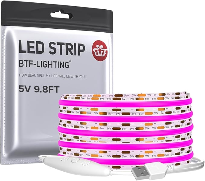 BTF-LIGHTING FCOB COB FOB LED Strip Lights 5V USB Powered 9.8FT 960LEDs Purple Color 8mm Width Dimmable CRI 90+ with 3M Tape Flexible High Density for 3D Printer TV Backlight PC DIY Decor