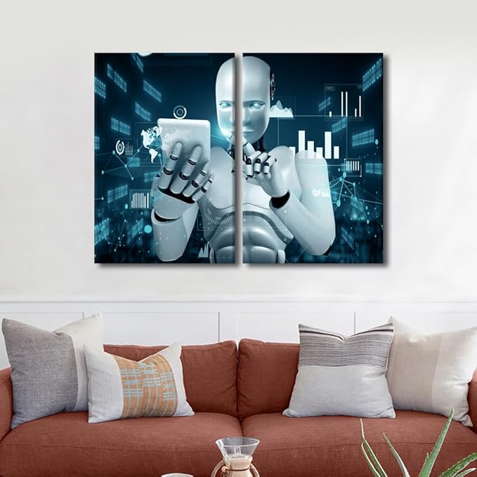 3 Pieces AI Intelligence Wall Art for Living Room Paintings on Canvas Robot Pictures Modern Artwork Home Decor Giclee Framed Stretched Ready to Hang Posters and Prints, 24" Wx16 H