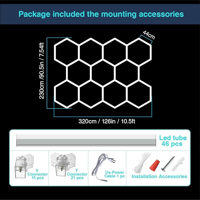 Hexagon Garage Lights, 11 Honeycomb 46packs Tubes 6500K 368W 3.2X2.3m, Honeycomb Garage Lights Ceiling LED Car Detailing Lighting for Gym Basement Warehouse Auto Beauty Shop Hair Salon Office