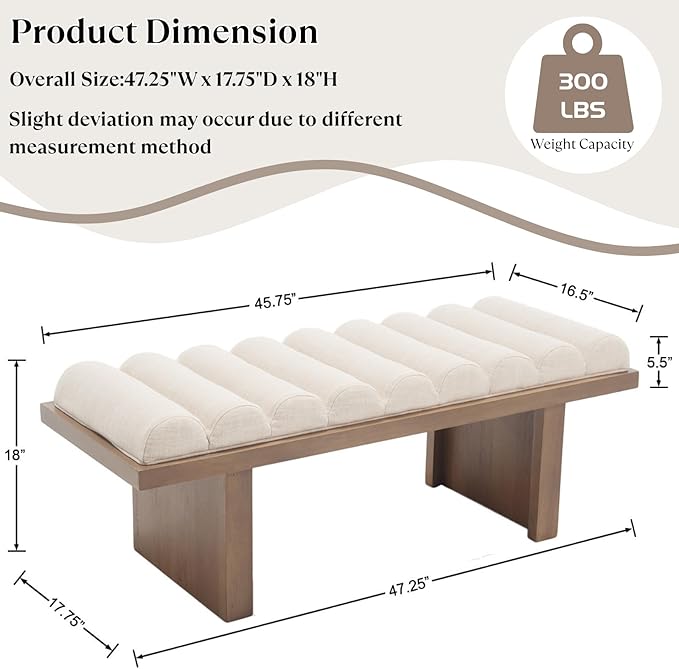 Modern Bedroom Bench, 47 Inch Upholstered End of Bed Bench Padded Entryway Bench with Cylindrical Cushion/Natural Wood Legs, Wooden Ottoman Bench for Living Room, Hallway, Linen Beige