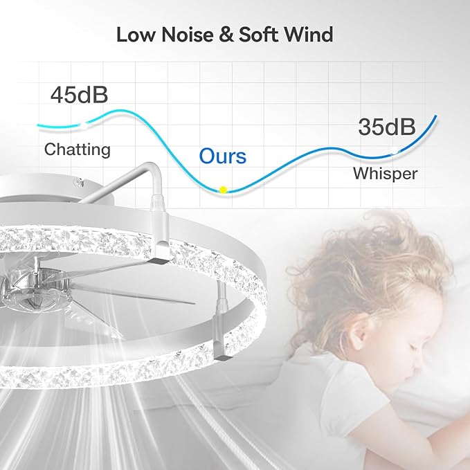 addlon Ceiling Fans with Lights and Remote, 24'' Low Profile Ceiling Fans, 3000-6000K Dimmable Modern Flush Mount LED Fan Light, Fandelier Ceiling Fan for Bedroom, Kitchen, Living Room, Crystal White