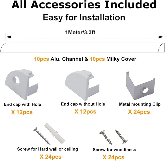 hunhun 10-Pack 3.3ft/1Meter V Shape LED Aluminum Channel System with milky Cover, End Caps and Mounting Clips, Aluminum Profile for LED Strip Light Installations, Very Easy Installation