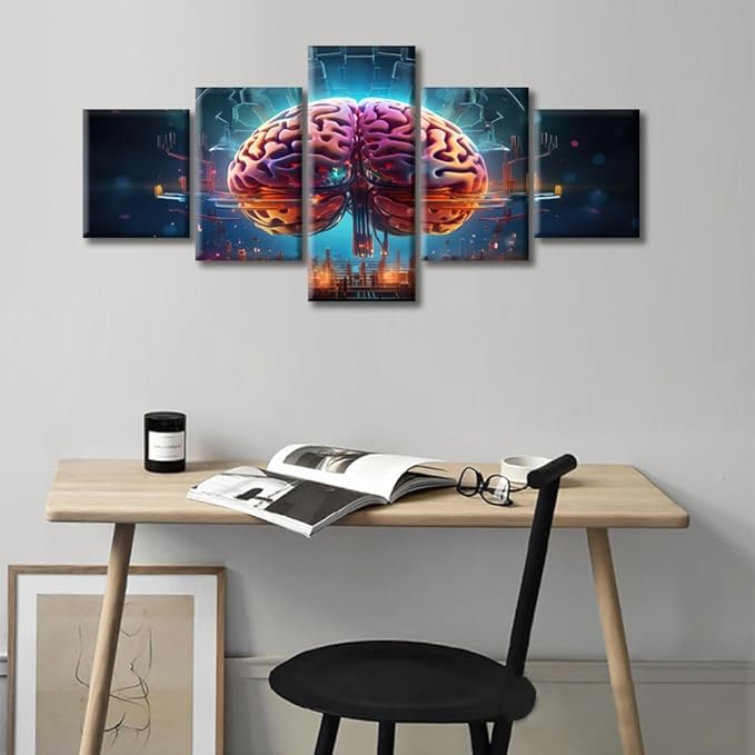 5 Pieces Brain Neural Human Head Pictures for Living Room Smart Brain Canvas Wall Art House Decor Brain Nervous System Modern Office Wall Decor Framed Wall Art for Home Bedroom, (50" Wx24 H)