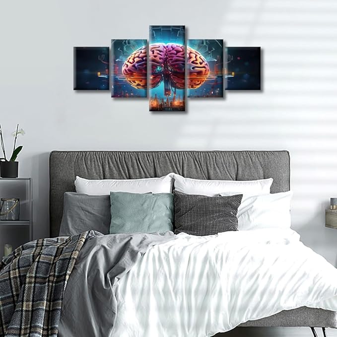 5 Pieces Brain Neural Human Head Pictures for Living Room Smart Brain Canvas Wall Art House Decor Brain Nervous System Modern Office Wall Decor Framed Wall Art for Home Bedroom, (50" Wx24 H)