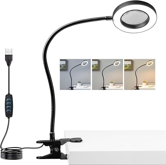 Clip on Lamp, 5X Magnifying Glass with Light LED Desk Lamp with Clamp Bright Clip Light for Bed Bedside Table, Adjustable Reading Light for Bed, Desk Lights (Black with Magnifying)