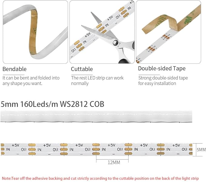 160LEDs/m 13.1FT WS2812B WS2812 LED Strip,5mm Width Individually Addressable Dream Color Flexible Smart Light Tape for Bedroom,Kitchen,Stage,TV Backlight,DC5V