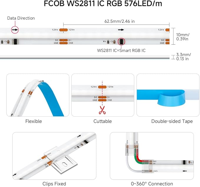 BTF-LIGHTING FCOB WS2811 IC RGB COB LED Strip DC12V 576LED/m 16.4FT Flexible High Density Color Chasing Uniform Light 16IC/m 10mm Width for Indoor Lighting Project(No Adapter or Controller)