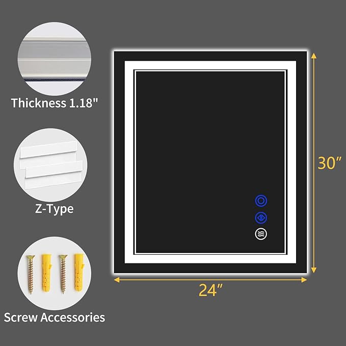 30"x24" LED Bathroom Mirror with Anti-Fog, Stepless Dimmable Lights, 3 Color Modes, Shatter-Proof Tempered Glass,Waterproof Design