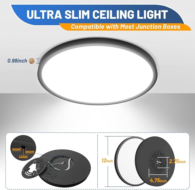 Allsmartlife 4-Pack Led Flush Mount Ceiling Light 12 inch, 24W 2880lm Dimmable CCT 3000K/4000K/6500K Edge-Lit Thin White Round Led Surface Mount Light for Kitchen，Hallway，Bedroom
