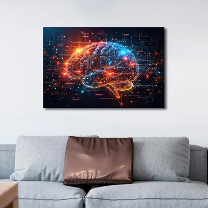 Artificial Intelligence Human Brain Canvas Wall Art Neural Networks Painting Wall Decorations for Living Room Technology Posters Data Code in Brain Pictures for Bedroom Wall Decor 16"Wx24"Hx1 Panel