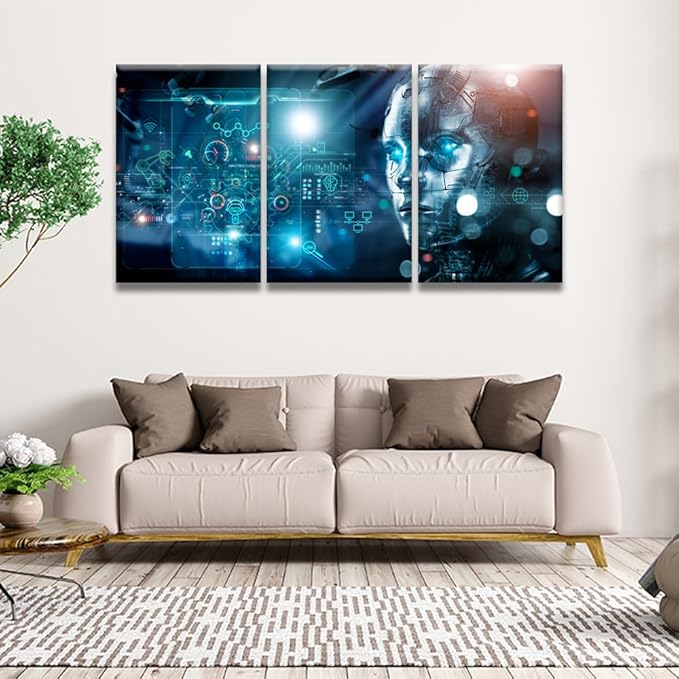 LSIUHWUWI Wall Art for Living Room Machine Learning, Data Exchange, Deep Learning, Industry 4.0 Pictures Posters for Home Wall Decoration, Wooden Framed Ready to Hang, 16x24inchx3