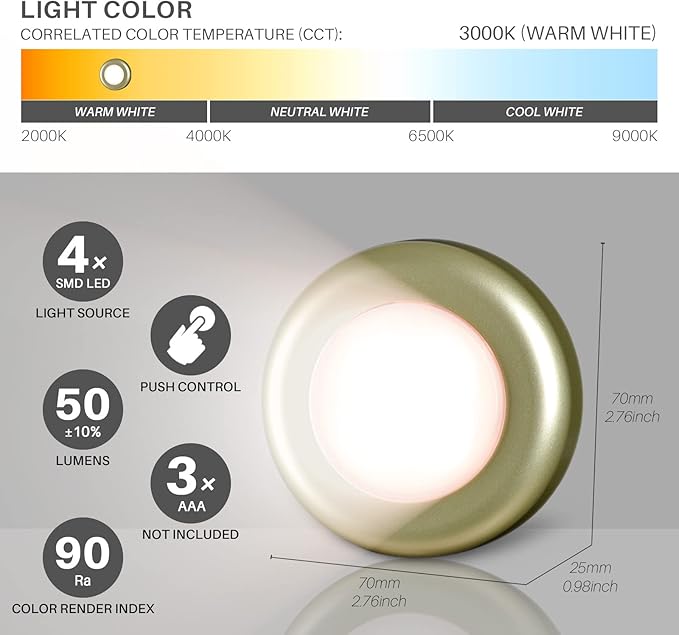 STAR-SPANGLED 5 Pack 2.8” Push Tap Lights, Stick on Touch Puck Lights AAA Battery Operated, LED Sticky Button Lamps for Classroom, Kitchen, Under Cabinet, Closet (Golden, Warm White)